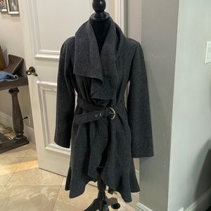 White House Black Market boiled wool ruffled duster with belt